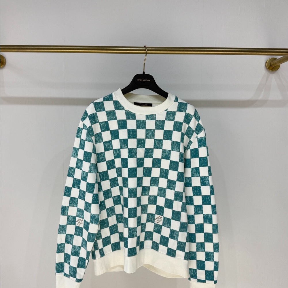 🚩steal authentic Louis Vuitton Green and White Checkered Crewneck Sweater